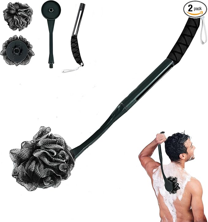 Loofah with Handle, 20.5'' Replaceable Shower Loofah to Improve Skin Health, Body Scrubber, for Women and Men with String for Easy Hanging（Dark Black）