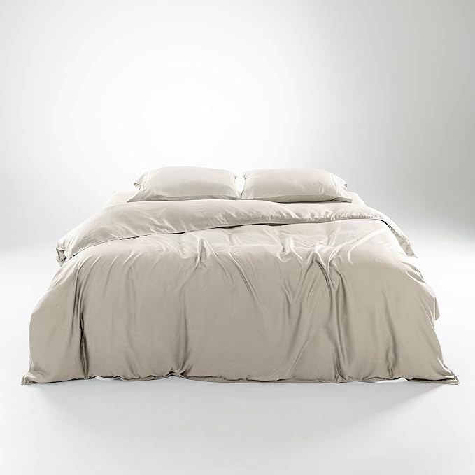 Olive + Crate Tencel Eucalyptus Cooling Duvet Cover Set - Hypoallergenic, Lyocell Tencel Duvet Cover - Soft, Temperature Regulating with Hidden Button Closure & Corner Ties - Queen Size [Oatmeal]