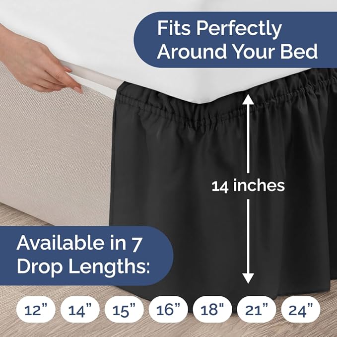 Wrap Around Dust Ruffle Bed Skirt - Black - for King Size Beds w/ 14 Inch Drop - Easy Fit Elastic Strap - Adjustable Pleated Bedskirt w/Brushed Fabric, Wrinkle & Fade Free Women, Men, Kids & Teens