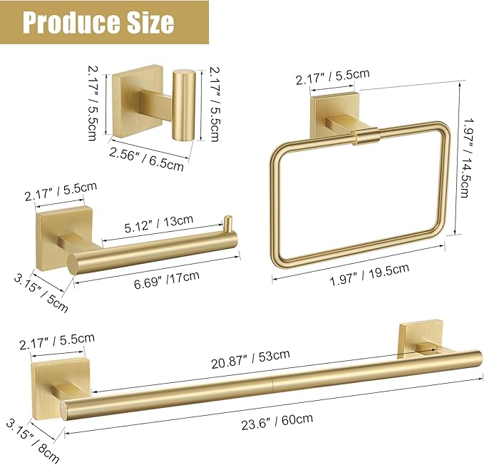 TNOMS Gold Towel Bar Set 5-Piece Brushed Gold Bathroom Hardware Accessories Set Include 23.6in Towel Bar Toilet Paper Holder Towel Ring Towel Hooks,Stainless Steel Towel Holder Set Wall-Mounted
