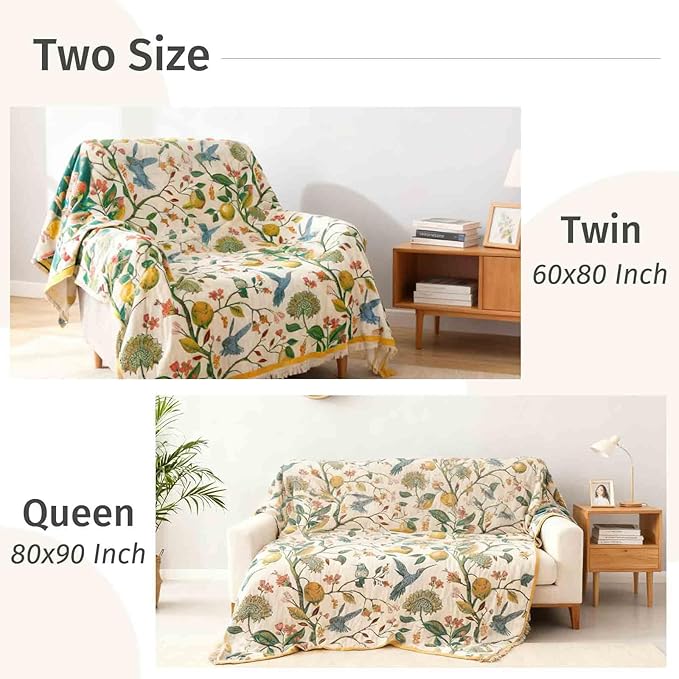Qidordour Boho Throw Blanket, 60"x80" Muslin Blankets, 100% Organic Cotton Blanket for Couch Sofa, Lightweight Quilt, All Season Bed Throw, Farmhouse Home Decor, B-Hummingbird Fruit