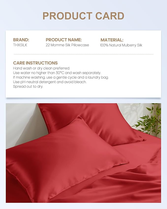 THXSILK Set of 2 100% Mulberry Silk Pillowcase for Hair and Skin Health, 22 Momme Soft and Smooth Pillowcases with Hidden Zipper, Both Sides Premium Grade 6A+ Silk, California King 20"x40", Red