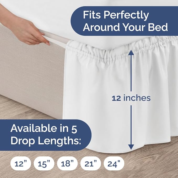 Wrap Around Dust Ruffle Bed Skirt - White - for Queen Size Beds with 12 Inch Drop - Easy Fit Elastic Strap - Adjustable Pleated Bedskirt w/Brushed Fabric - Wrinkle Free - for Women, Men, Kids & Teens