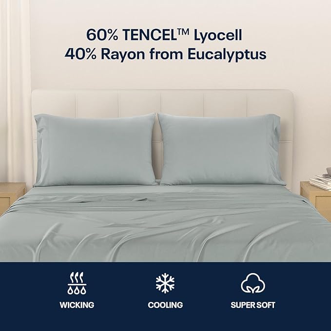 Reebok Full Size Sheet Set from Tencel Eucalyptus - Soft, Cooling & Breathable for Hot Sleepers, Deep Pocket Up to 17 Inches, 4Pc Hotel Luxury Bedding Set, Bedsheet & Pillowcases (Lunar Rock, Full)