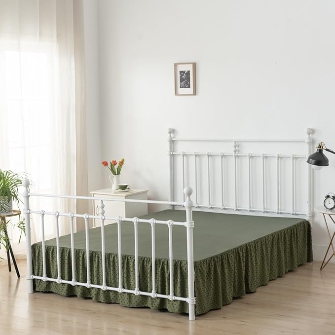 Tufted Dot Bed Skirt Full Size Ruffled Bed Skirt with Split Corners, 14 Inch Drop Dust Ruffle Bed Skirts with Platform, Olive Green