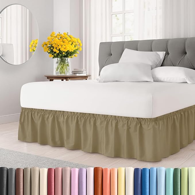 Wrap Around Dust Ruffle Bed Skirt - Khaki - Twin/Twin XL Size Beds w/ 12 Inch Drop - Easy Fit Elastic Strap - Adjustable Pleated Bedskirt w/Brushed Fabric - Wrinkle Free - Women, Men, Kids & Teens