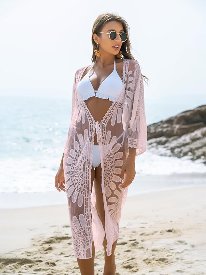 Blooming Jelly Womens Bathing Suit Cover Up 3/4 Sleeve Mesh Swimsuit Coverup Long Floral Beach Lace Kimono Summer Cardigan