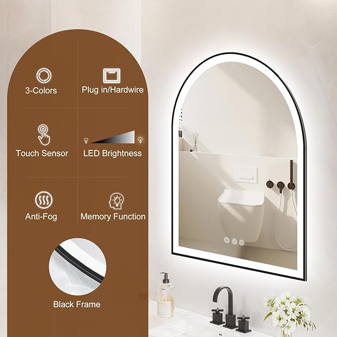 Arched LED Mirror for Bathroom 24"x30", Black Lighted Bathroom Mirror with Lights-Fogless, Dimmable, 3 Color Changing, Shatterproof, Touch Sensor