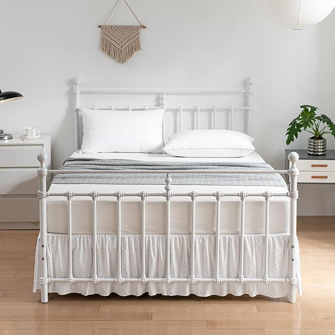Tufted Dot Bed Skirt Full Size Ruffled Bed Skirt with Split Corners, 14 Inch Drop Dust Ruffle Bed Skirts with Platform, White
