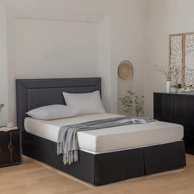 Full Bed Skirt, Wrap Around Bed Skirt with Pleated Corner, 14 Inch Drop Pleated Waffle Weave Bedskirts, Anti-Slip, Microfiber, Black, 14'' Full