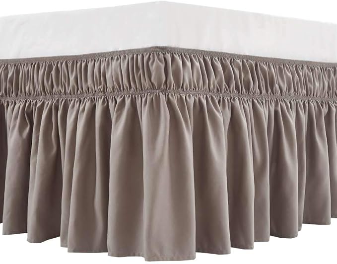 MEILA Wrap Around Bed Skirt Three Fabric Sides Elastic Dust Ruffled 14 Inch Tailored Drop,Easy to Install Fade Resistant-Taupe, Queen/King