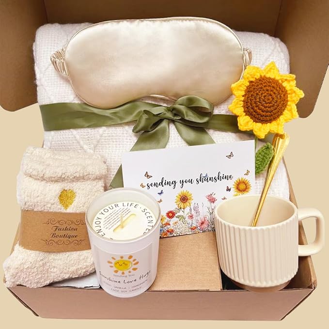 Sunflower Gifts For Women Birthday Gifts for Women Self Care Gift Get Well Soon Baske Spa Gift Care Package Luxurious Flannel Blanket Unique Christmas Gift for Mom Wife Friend Grandma Sister