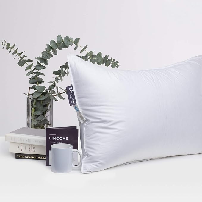Lincove Recreation Sleeping Pillow, Filled with Premium Down, 600 Fill Power – Includes A Pillow Protector, 400 Thread Count Pillow Shell, Queen - Firm, 1 Pack