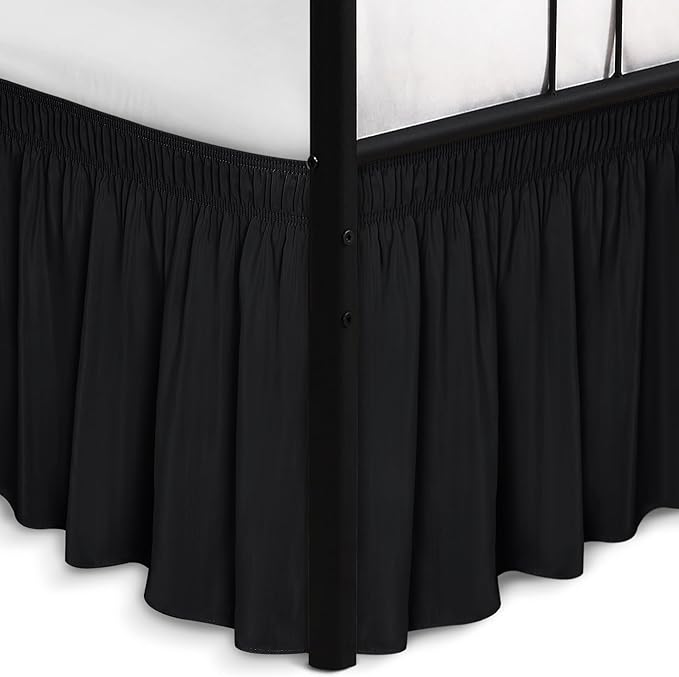 Biscaynebay Wrap Around Bed Skirts with Split Corners for King Beds 16" Drop, Black Elastic Dust Ruffles Adjustable Easy Fit Wrinkle & Fade Resistant Silky Luxurious Fabric Machine Washable