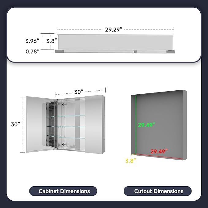 Medicine Cabinet 30" x 30", Bathroom Medicine Cabinet with Mirror, Recessed Medicine Cabinets with Adjustable Shelves, Soft-Closing Door, and Aluminum Alloy Frame - Reverse Installation, Silver