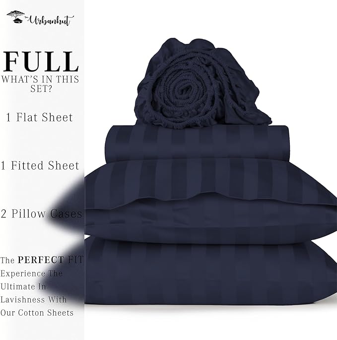 URBANHUT 1000 Thread Count Damask Striped Full Sheet Set Egyptian Cotton Sheets, Long Staple Soft & Breathable, 4 Pc Bed Sheet Sets, Luxury Hotel Sateen Sheets Fits 16" Deep Pocket - Navy Blue