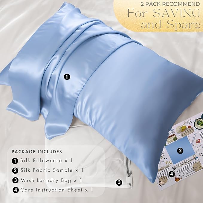 PROMEED Real 23 Momme 100% Silk Pillowcase for Hair and Skin, Both Sides Cooling Premium Grade 6A+ Mulberry Silk Pillow Case with Zipper, 1pc (Standard 20"x26", Light Blue)