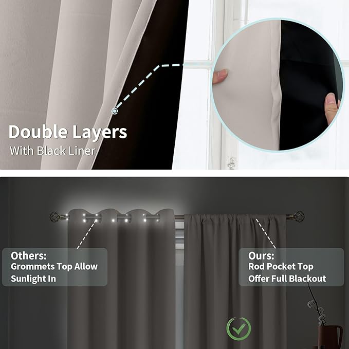 BGment Full Blackout Curtains for Living Room 84 Inch Length 2 Panels Set, Double Layer Room Darkening Thermal Insulated Noise Reducing Curtains with Rod Pocket, 52 Inch Wide, Cashmere