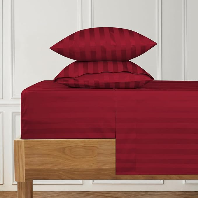 URBANHUT 1000 Thread Count Damask Striped Twin Size Egyptian Cotton Sheets, Long Staple Soft & Breathable, 4 Pc Bed Sheet Sets, Luxury Hotel Sateen Sheets Fits 16" Deep Pocket - Burgundy
