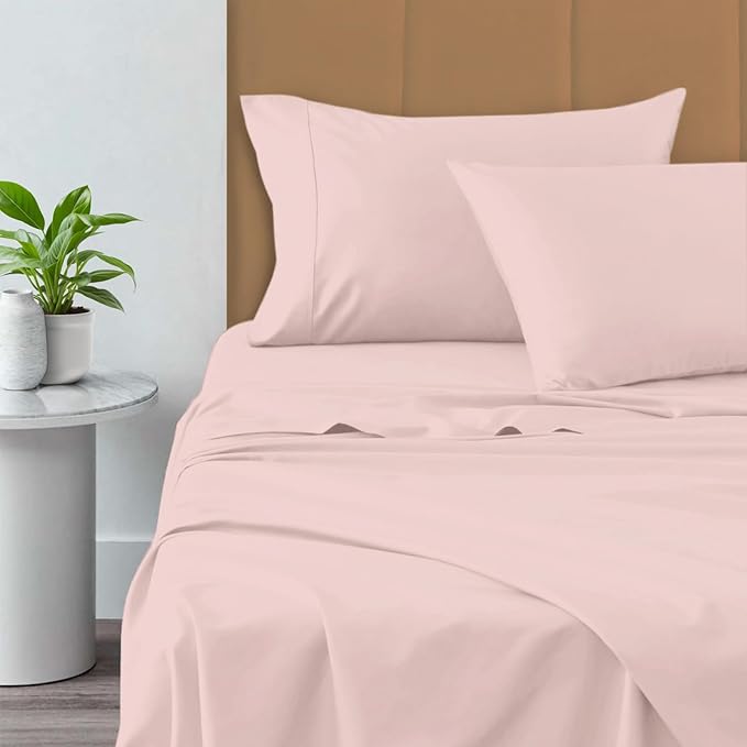 Pizuna Pure 100% Cotton Queen Size Sheet Set Light Pink, 800 Thread Count 100% Long Staple Cotton Sateen Queen Sheet Set with 15" Deep 2 Extra Pillowcases (Combed Cotton Bed Sheet Set)
