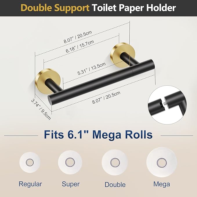 TQKAG Black and Gold 5 Piece Bathroom Hardware Accessories Set 23.6" SUS304 Stainless Steel Bathroom Towel Bar Holder Sets Double Post Pivoting Toilet Paper Holder Set Wall Mounted