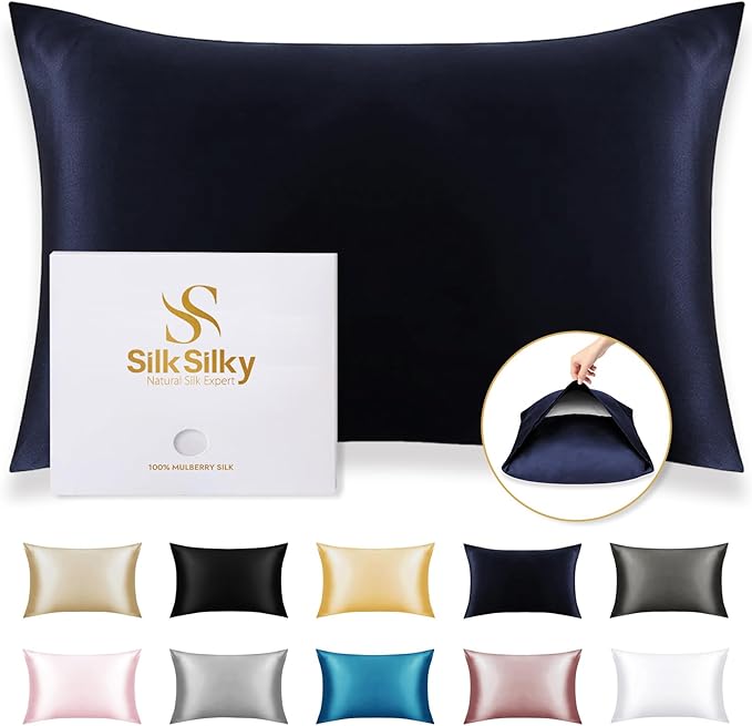 SilkSilky 100% Mulberry Silk Pillowcase - Pure 22 Momme High-Grade 6A Fibers for Hair & Skin, Envelope Closure, Natural, Organic, Breathable & Cooling Pillow Case (King, Dark Blue)