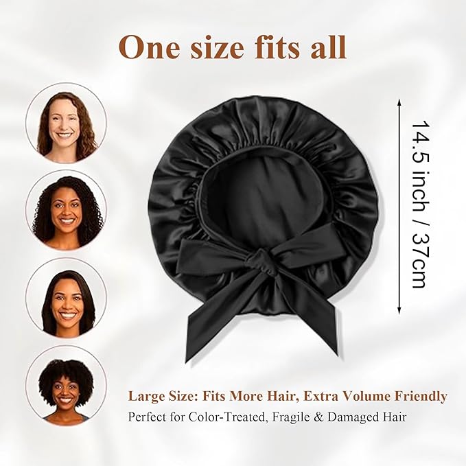 Satin Bonnet for Sleeping Women, Large Hair Bonnet Sleep Cap with Tie Band, Double Layer Hair Wrap for Curly Natural Hair