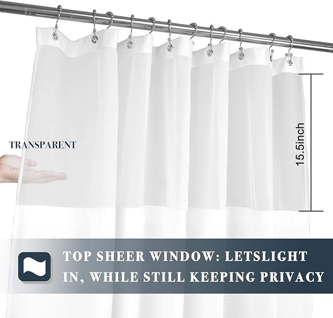 N&Y HOME Waffle Weave Shower Curtain with Snap-in Fabric Liner Set, 12 White Hooks Included - Hotel Style, Waterproof & Washable, Heavyweight Fabric & Mesh Top Window - 71x72, White