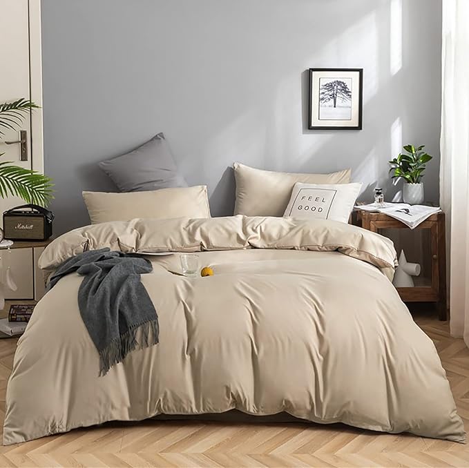 KAREVER Champagne Comforter Set King Beige Bedding Set Lightweight Women Soft Champagne Blanket 3 PCs Durable Light Khaki Colored Comforter Set King Breathable Bed Comforter Set