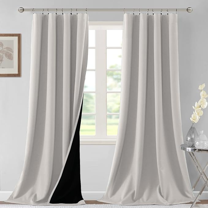 H.VERSAILTEX 100% Blackout Curtains for Bedroom Thermal Insulated Blackout Curtains 96 Inches Long Rod Pocket/Clip Rings Curtains for Living Room with Black Liner 2 Panels, Pumice Stone