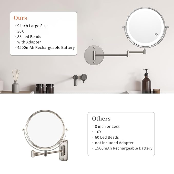 FUNTOUCH 9" 30X/1X Magnifying Wall Mounted Lighted Makeup Mirror, 4500mAh Rechargeable Double Sided Mirror with Light, 3 Color Lights,Touch Dimmable, 360 Rotation Extended Arm for Bathroom,Nickel
