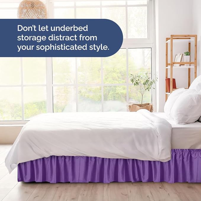 Wrap Around Dust Ruffle Bed Skirt - Purple - for Full Size Beds with 15 Inch Drop - Easy Fit Elastic Strap - Adjustable Pleated Bedskirt w/Brushed Fabric - Wrinkle Free - for Women, Men, Kids & Teens