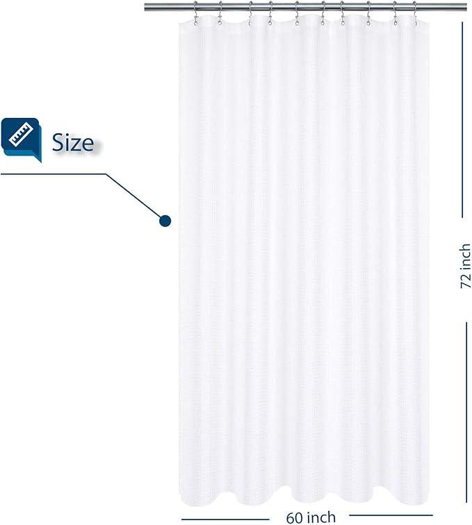 Fabric Shower Curtain 60 x 72 inch, Waffle Weave, Hotel Luxury Spa, 230 GSM Heavyweight, Water Repellent, Machine Washable, White Pique Pattern Decorative Bathroom Curtain