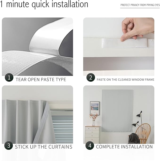 Self Adhesive Curtains Portable Blackout Curtain Simple and Easy to Install Bedroom Window Thermal Lnsulated Kitchen Room Darkening Black Small Drapes, 47" W X 96" L, White, 1 Panel