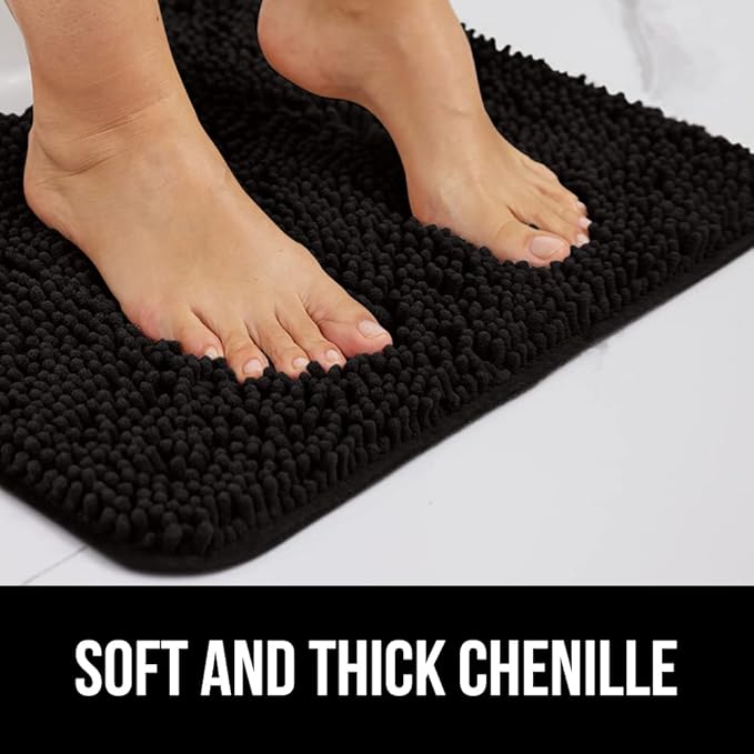 GORILLA GRIP Bathroom Rug Sets, Soft Chenille 2 Piece Area Rugs Set, Toilet Base Mat and 30x20 Carpet, Absorbent Microfiber Washable Mats Dry Quickly, Home Décor and Bath Room Accessories, Black
