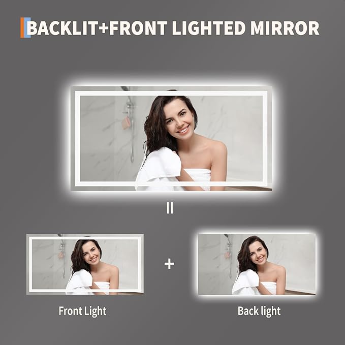 GarveeHome 50x26 LED Bathroom Mirror with Lights, Dimmable, Anti-Fog, Backlit + Front Lit, Smart Bathroom Vanity Mirror for Wall, Memory Function, Shatter-Proof (Horizontal/Vertical)