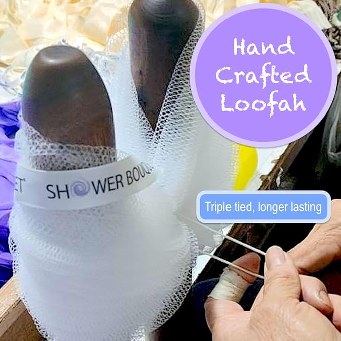 SHOWER BOUQUET Loofah-Charcoal Bath-Sponge XL-4-Pack-Blue-Green // Extra Large 75g Soft Mesh Color & Black Lufa Loofa Loufa Puff Set/Exfoliating Body Scrubber for Women and Men - Exfoliate & Soothe