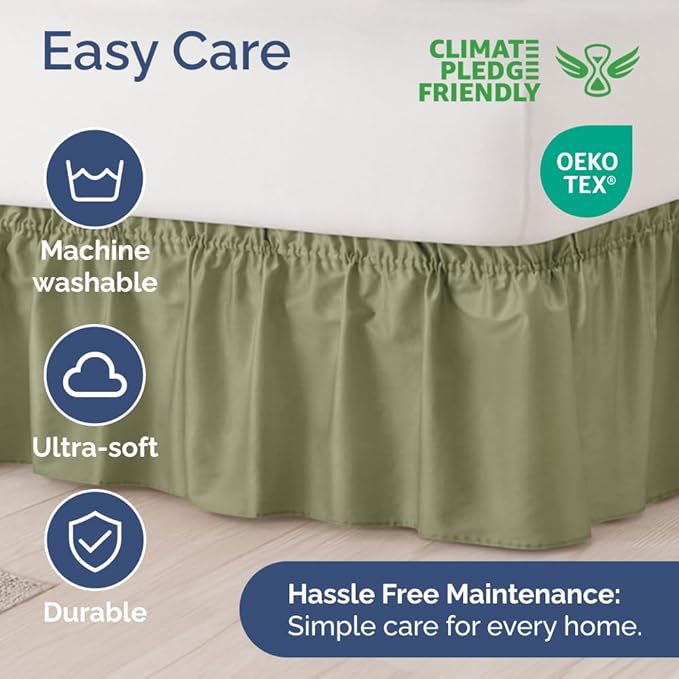 Wrap Around Dust Ruffle Bed Skirt - Sage Green - for King Size Beds with 15 Inch Drop - Elastic Strap - Adjustable Pleated Bedskirt with Brushed Fabric and Wrinkle Free - for Women, Men, Kids & Teens