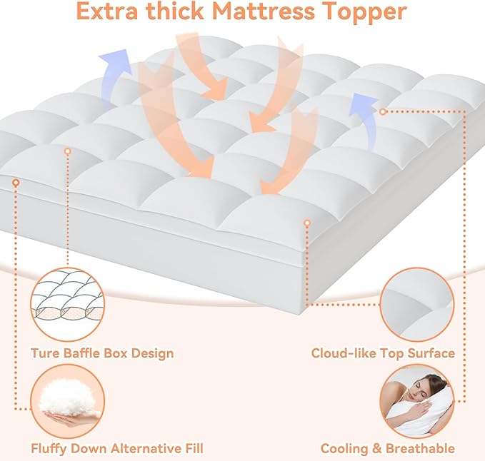 Topllen Twin Mattress Topper for Back Pain Relief, Extra Thick Pillow Top Plush Mattress Pad with Deep Pocket, Soft Pillowtop Twin Size Bed Toppers Filled Fluffy Down Alternative, White