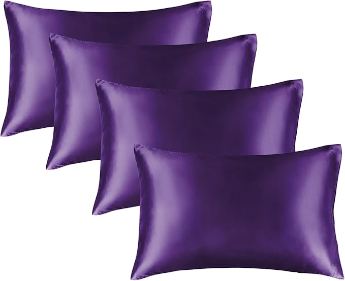 BEDELITE Satin Pillowcase for Hair and Skin, Super Soft Similar to Silk Pillow Cases 4 Pack with Envelope Closure, Cooling Pillowcases for Women Men (20"x40" King Size, Plum Purple)