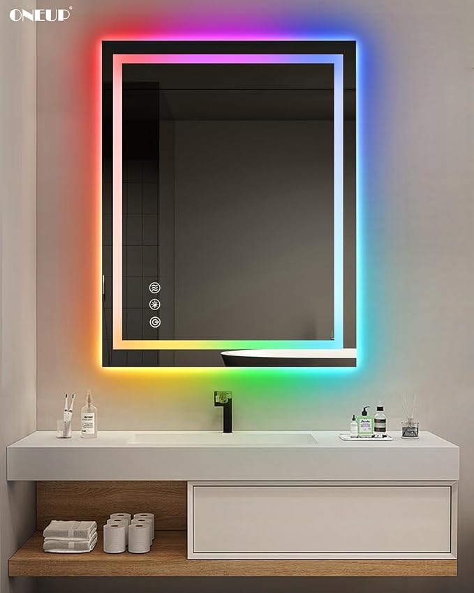 oneup 28x36'' RGB Bathroom Mirror with Lights,RGB Color Changing LED Bathroom Mirror for Wall,Lighted Vanity Mirrors,Dimmable,Anti-Fog,IP54 Waterproof