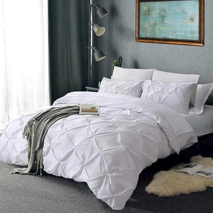 Pinch Pleated Duvet Cover Set 100% Cotton 3PC Full Size 80x90 Duvet Cover Set, Decorative Pinch Design White Duvet Cover with Matching Pillow Case