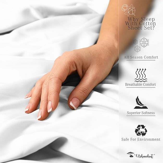 URBANHUT 1000 Thread Count Queen Sheet Set, Egyptian Cotton Sheets Queen Size, Hotel-Style Luxury Bedsheets, Fits up to 16" Deep Pocket Mattress, 4 Pc Soft & Breathable, Sateen Weave - White