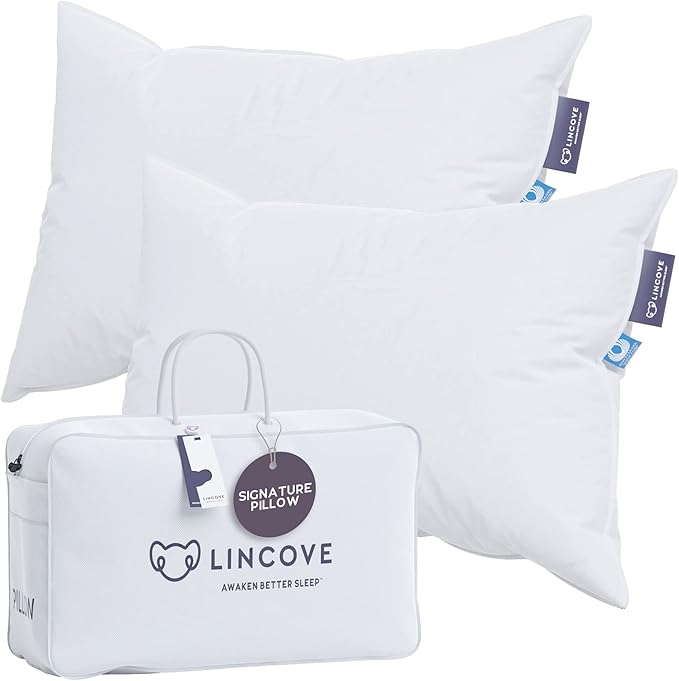 Lincove Signature 100% Canadian White Down Pillow - Luxury Sleeping Bed Pillow for Back, Stomach & Side Sleepers - 800 Fill Power, 500 Thread Count, Made in Canada, Standard - Medium, 2 Pack