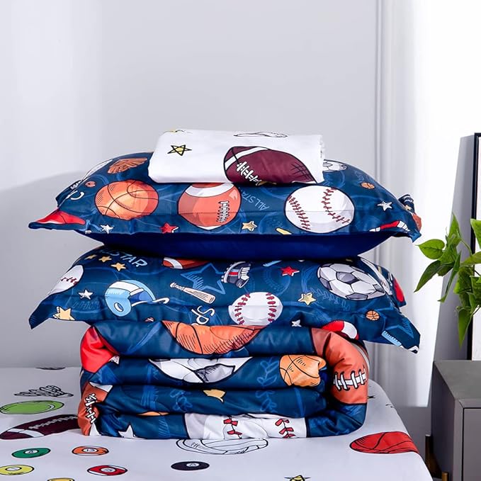 Wajade Sports Comforter Set Bed in A Bag Twin Size 7 Piece 3D Soccer Basketball Baseball Football Bedding Set for Kids Boys (1 Comforter, 1 Flat Sheet, 1 Fitted Sheet, 2 Pillowcase and 2 Pillow Sham)