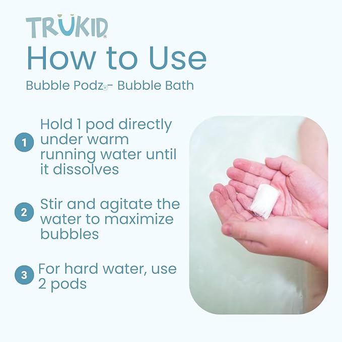 TruKid Bubble Podz Bubble Bath for Kids, Toddlers, & Babies, Tear Free Gentle & Refreshing Bath Bomb for Sensitive Skin with Natural Moisturizers, Non-Toxic, pH Balanced, Vanilla Scent (24 Podz)