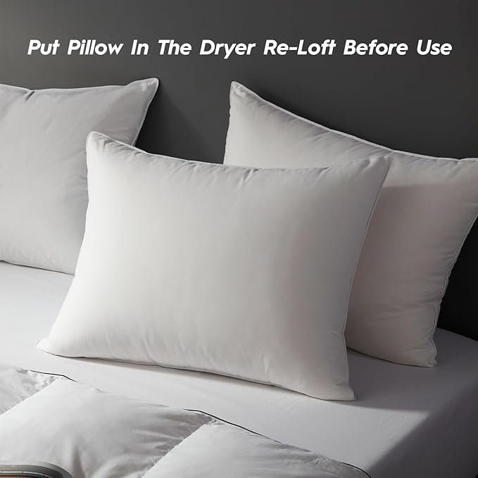 Globon Ultra Soft Down Pillow Standard Size Set of 2, All Down Filled Bed Pillow for Sleeping, 100% Cotton Shell 500 Thread Count, Soft Hotel Collection Down Feather Pillow 20" x 26"