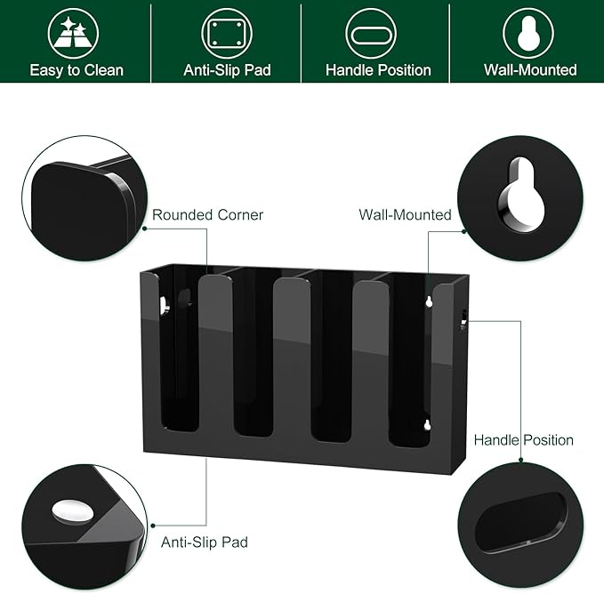 Disposable Coffee Cup Dispenser with Handles, Countertop or Wall Mount Hot/Cold Drink Cup and Lid Holder - Bathroom/Kitchen/Office Acrylic Cup Lid Storage Organizer (4 Compartments, Black)