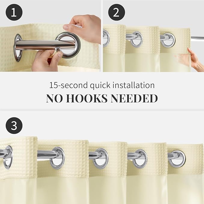 River Dream Cream Fabric Shower Curtain Set, Cotton Blend, Waffle Weave, with Snap in Replacement Liner，54 x 80 inches