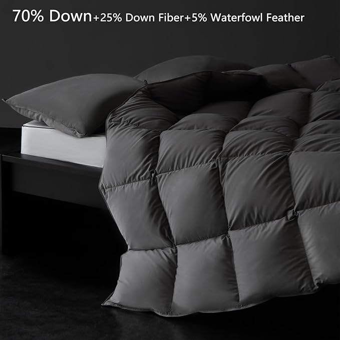 Luxury Down Fiber Comforter Twin/Twin XL Size - High Fill Power Medium Warmth for All Season Duvet Insert - Light Weight, Charcoal Grey (68" x 90")